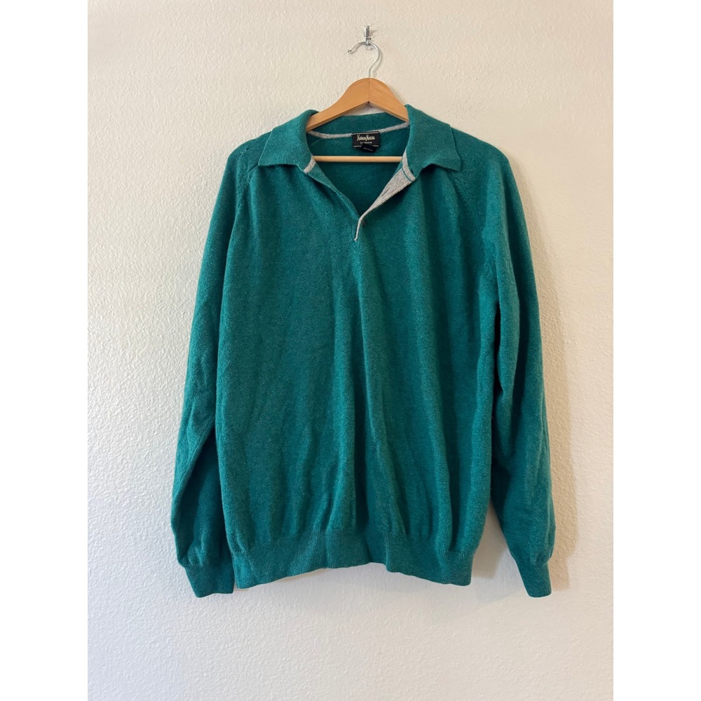 Neiman Marcus Cashmere Sweater Polo Collar XL Teal Green Long Sleeve Good